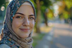 AI generated Portrait of smiling young Muslim woman in city park. photo