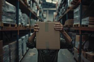 AI generated Hands of warehouse worker lifting box  horizontal photo