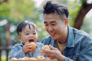 ai generado padre y hijo picnic con rosquillas en internacional rosquilla día. foto