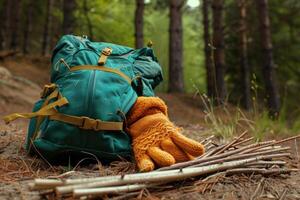 AI generated Dirty orange mittens  wooden stick  backpack in forest picnic. photo