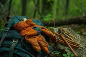 AI generated Dirty orange mittens  wooden stick  backpack in forest picnic. photo