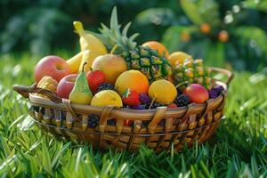 Basket of tropical fruits on green grass. photo