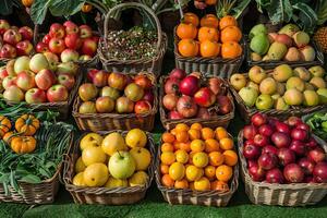 Fresh fruits and vegetables displayed on grass with pumpkins. photo