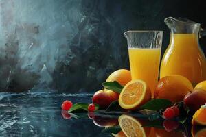 Composition with two glasses of orange juice fruits and pitcher photo