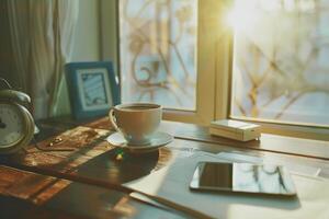 Morning workspace with technology coffee and notes for work. photo