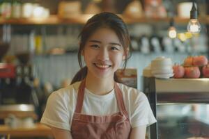 Cheerful asian waitress in cafe. Cheerful asian waitress in cafe. photo