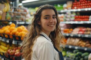 hembra aprendiz en un supermercado. mujer trabajando en un tienda de comestibles Tienda sonriente a cámara. foto