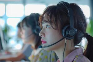 Asian call center operators providing customer support. photo