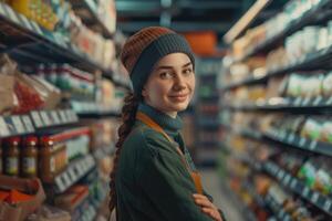 retrato de sonriente supermercado empleado entre estantería foto