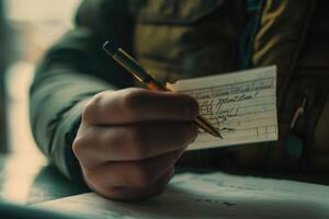 el mano escritura mirando para parte hora trabajo foto