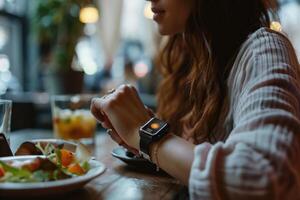 Woman doing smartwatch settlement at cafe restaurant photo