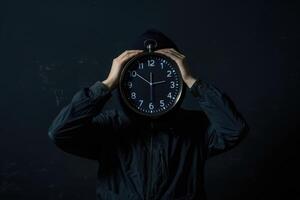 young man holding big clock covering his face over black background photo