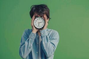 young man covering his face with a clock over green background photo