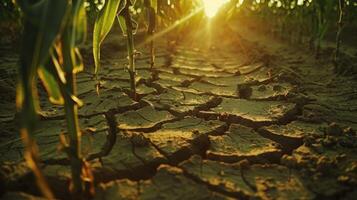 Cracked earth in hot summer drought at corn field photo