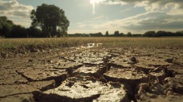 Drought on a UK farm dry cracked earth cracks in mud in a field of crops photo