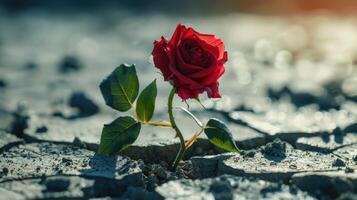 Red Rose Growing in Cracked Earth photo