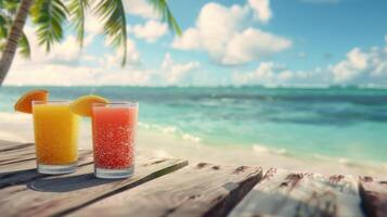 Fresco Fruta bebidas en de madera tablones con playa antecedentes. foto