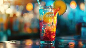 FRESH FRUITY ALCOHOLIC DRINK ON BLURRED BACKGROUND photo