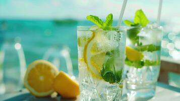 Lemonade and mojito close up. Summer cocktails with blur sea on background. Vacation concept photo