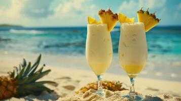 Pina colada drinks with blur beach on background Pina colada drink photo