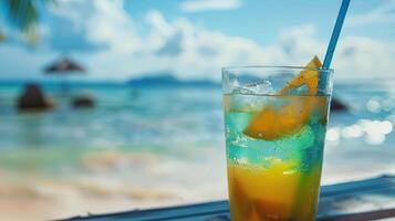 Summer cocktail on beach background. photo