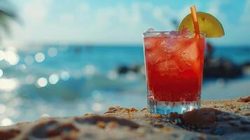 Summer cocktail on beach background. photo