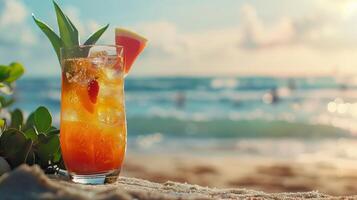 Summer cocktail on beach background. photo