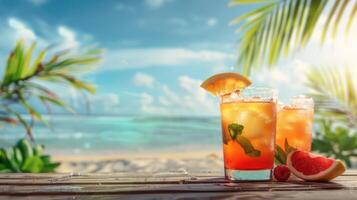 Fruit cocktails on wooden table with beach background. photo