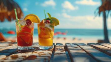 Fruit cocktails on wooden table with beach background. photo