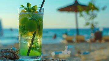 Refreshing summer drink with beach backdrop. photo