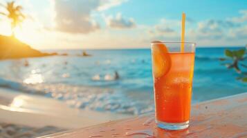 Refreshing summer drink with beach backdrop. photo