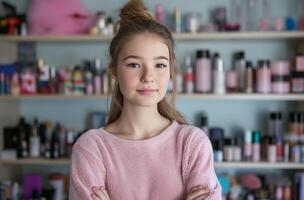 AI generated Young girl with cosmetics collection photo