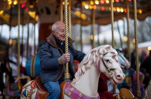 AI generated Elderly man enjoying carousel ride photo