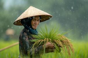 ai generado granjero a trabajo durante lluvia en Vietnam foto