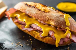 AI generated Ham baguette with mustard photo