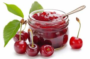 AI generated Cherry jam jar with spoon photo