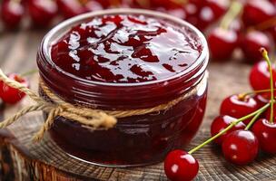 AI generated Cherry jam in glass jar photo