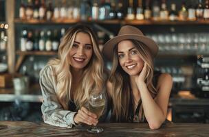 mujer disfrutando bebidas a bar foto