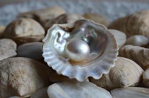 Pearl resting in seashell photo