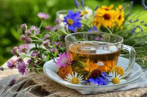 Herbal tea among flowers photo