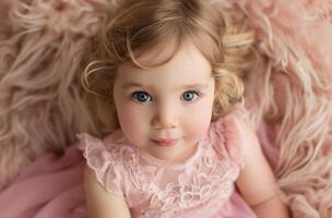 Blue eyed toddler in pink photo