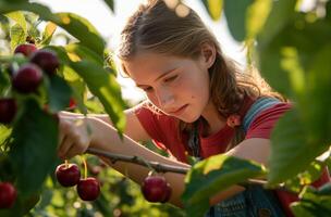niña cosecha cerezas en huerta foto