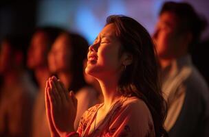 Woman praying among people photo