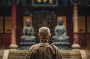 Monk facing Buddha statues photo