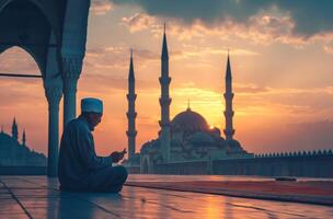 puesta de sol oración a el mezquita foto