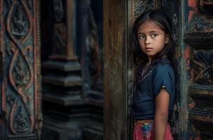 el niña en el puerta de el templo foto