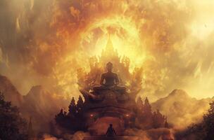 Mystical Buddha statue in flames photo