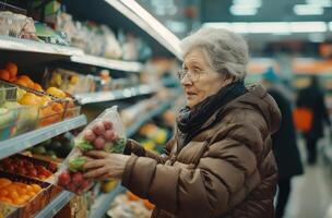 An elderly woman buys vegetables photo