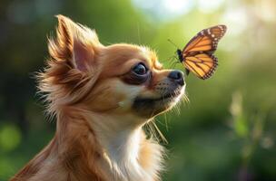 Chihuahua with perched monarch photo