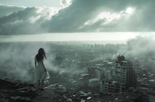 Woman amidst city ruins photo